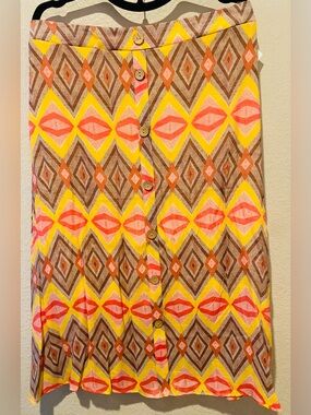 Mlle Gabrielle Yellow, Pink & Brown Geometric Button-Front Midi Skirt